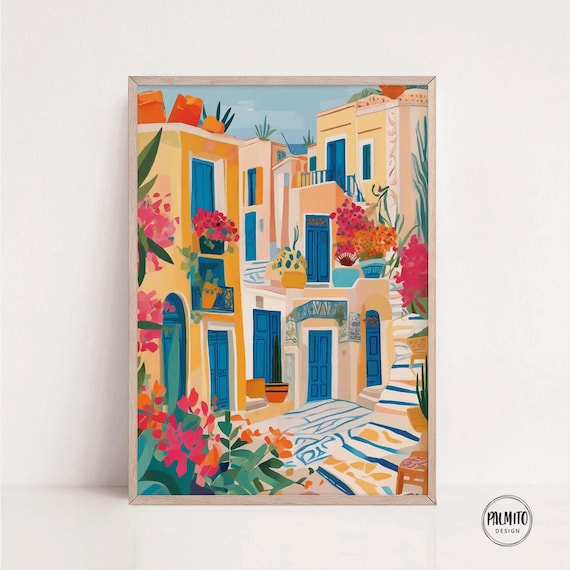 Santorini Greece Art Print: Colorful Village Landscape (Digital Download)