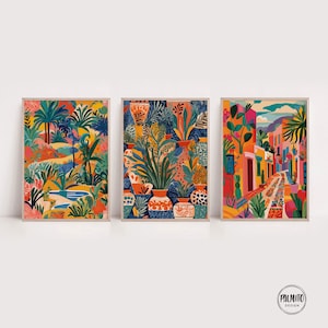 Juego de 3 impresiones de arte mural coloridas, flores tropicales, arte mexicano, arte mural vibrante, pósteres brillantes, impresión colorida para fachadas, jarrones con plantas.