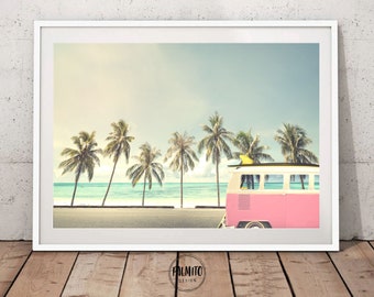 Pink vintage van, printable wall art, retro van digital print, combi van print, tropical beach printable, palm trees print, pink wall art
