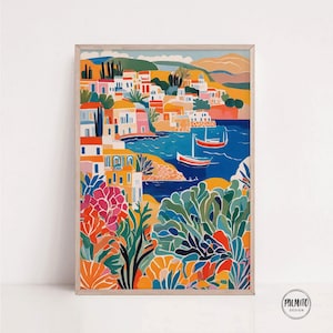 Bunte Mittelmeer Villa druckbare Wandkunst | Griechische Küstenlandschaft mit lebendigen Häusern und Pflanzen | Digitaler Download
