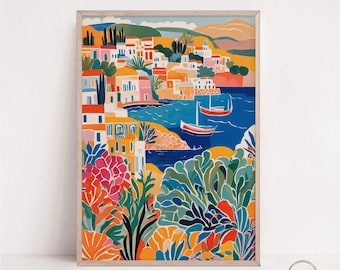 Mediterranean Seaside Villa Art Print: Colorful Greek Coastal Landscape (Digital Download)
