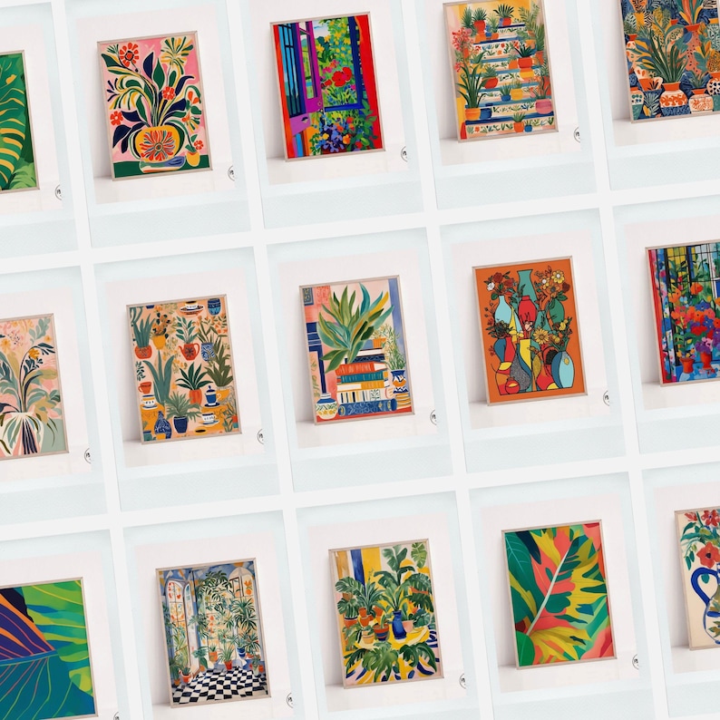 May include: A collection of framed art prints featuring colorful botanical illustrations. The artwork showcases various potted plants, flowers, and foliage in vibrant hues. Each print is displayed in a white frame, creating a gallery-like presentation. The art style is reminiscent of watercolor paintings.
