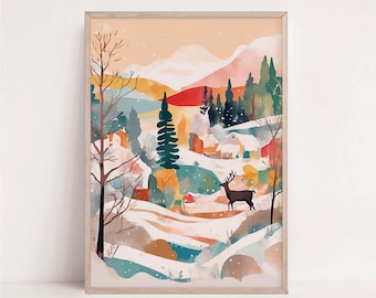 Christmas Winter Deer Wall Art Print: Snowy Nordic Landscape (Digital Download)