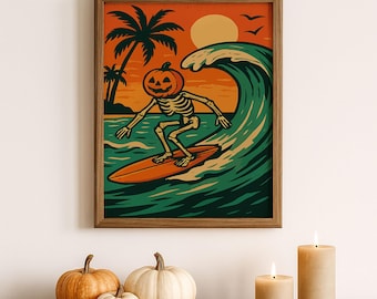 Halloween Surf Art Print: Pumpkin Head Skeleton, Tropical Sunset (Digital Download)