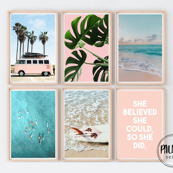 Special Offer Beach and surf printable gallery set, printable wall art, set of 6 prints pink surf print, beach digital art, girl room decor,