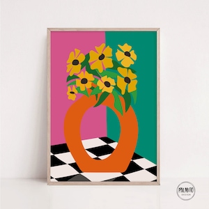 Arte de pared colorido, estampado de girasoles, estampado botánico abstracto, pared de galería ecléctica, arte de pared de colores vibrantes, decoración maximalista, arte floral