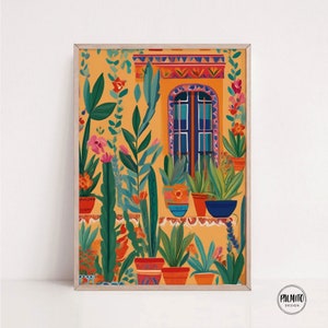Boho Mexikanisches Haus mit Kaktus druckbare Wandkunst - bunte Boho Dekor - Digitaldruck - Pflanzen Plakat - helle Wandkunst - Fassadenkunst
