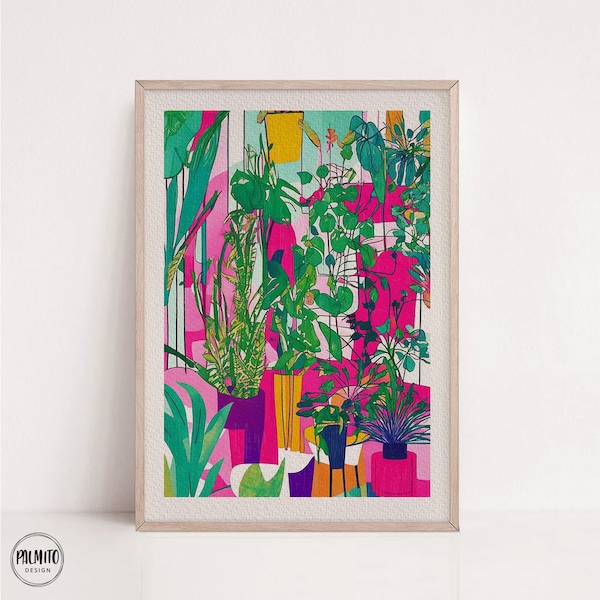 May include: A colorful illustration of a variety of potted plants in a pink and green color scheme. The plants are arranged in a geometric pattern, with some plants overlapping others. The illustration is framed in a light wood frame.