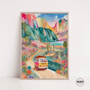 Colorful print, Abstract wall art, Camper van and colorful mountains, maximalist printable wall art, digital art, adventure wall art