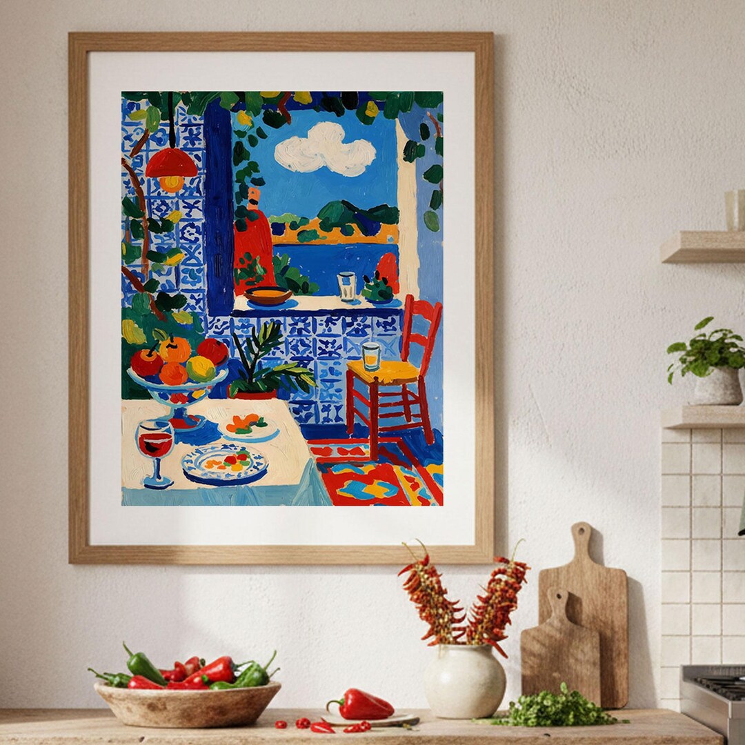 set of three mediterranean kitchen prints | framed... Mediterranean Kitchen Wall Art Print, Colorful Terrace Painting ...