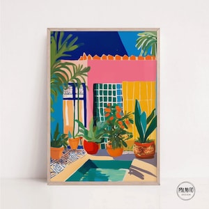 May include: A colorful painting of a pink building with a swimming pool in the front. The building has a yellow wall and a green tiled window. There are plants in pots around the pool.