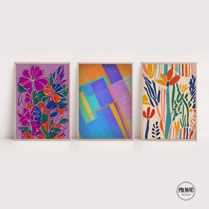 Printable colorful wall art, 3 piece wall art, floral wall art, funky art, abstract painting, maximalist home decor, bright posters