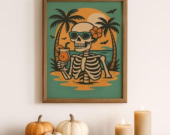 Impresión artística de esqueleto tropical: Decoración retro de playa para Halloween (descarga digital)