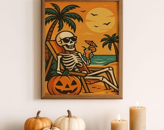 Lámina artística de esqueleto de Halloween en la playa: Calabaza tropical al atardecer (descarga digital)