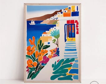 Greek Seaside Villa Art Print: Mykonos, Santorini Coastal Landscape (Digital Download)