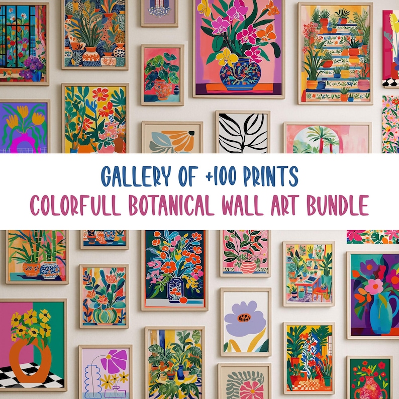 May include: A collection of framed botanical art prints in various sizes and styles. The artwork features colorful floral arrangements and plant illustrations. Text on the image reads: "GALLERY OF +100 PRINTS COLORFULL BOTANICAL WALL ART BUNDLE."