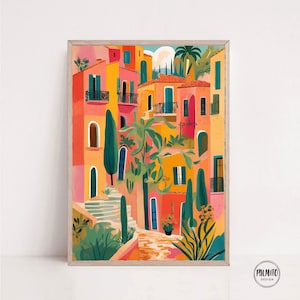 Puede incluir: Una ilustración colorida de una escena de calle en un pueblo mediterráneo. Los edificios están pintados en tonos de rosa, amarillo y naranja, con árboles y plantas verdes que crecen a su alrededor. La calle está pavimentada con piedra y hay escalones que conducen a los edificios.