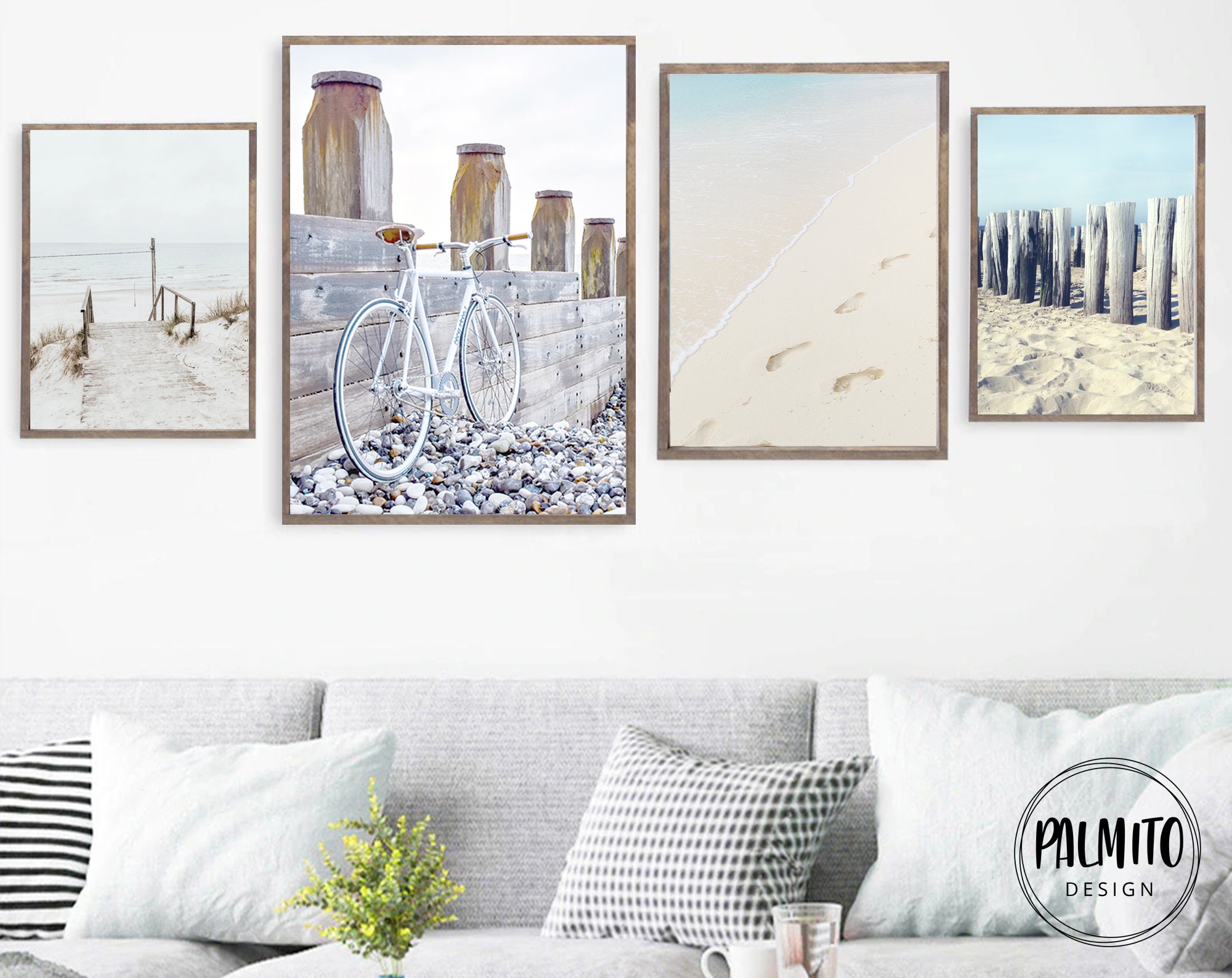 Set of 4 neutral beach printable Wall Art, Bike Poster, Beach print, Calm wall art, Relax coastal decor, calming beach prints