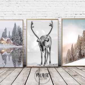 Winter printable wall art set of 3, Nordic Christmas Wall Art Set, Winter Gallery Wall Decor, snowy cabin print, Reindeer Photography