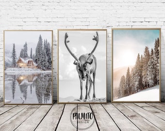 Winter printable wall art set of 3, Nordic Christmas Wall Art Set, Winter Gallery Wall Decor, snowy cabin print, Reindeer Photography