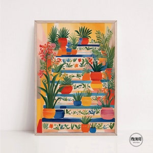 Puede incluir: Una ilustración colorida de una escalera con plantas en macetas de varios colores y patrones. Las plantas están dispuestas en los escalones, creando una escena vibrante y caprichosa.