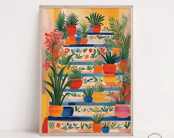 Mediterranean Staircase Art Print: Vibrant Potted Plants (Digital Download)
