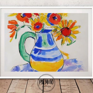 Bunte Sonnenblumen Vase druckbare Wandkunst | Lebendige Blumengemälde Digitaler Download | Wohnkultur, vielseitiges Dekor, helle Wandkunst