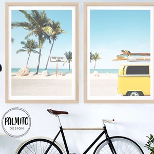 Beach Van & Palm Tree Print Set: Coastal Surf Art (Digital Download)