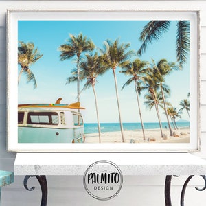 Camper Van printable art, BW bus print, Boho decor printable wall art, Retro bus digital download, Beach print