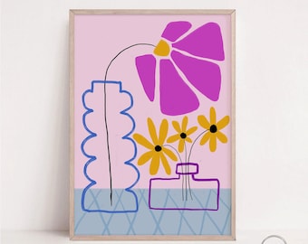 May include: A digital illustration of a pink flower with yellow centers and three smaller yellow flowers in a blue vase with a wavy design. The flowers are on a light pink background with a blue and white checkered pattern at the bottom.