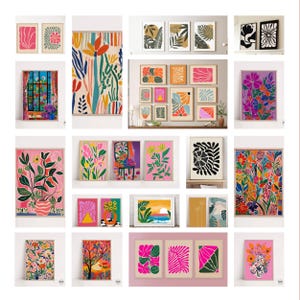 May include: A collection of framed art prints featuring colorful floral and abstract designs. The prints showcase a variety of styles, including botanical illustrations, geometric shapes, and landscape scenes. The color palette includes pinks, oranges, greens, and blues.