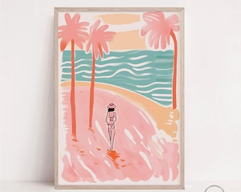 Pink Beach Palm Tree Print: Tropical Coastal Wall Art (Digital Download