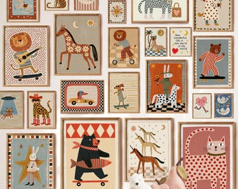 Whimsical Kids Gallery Wall Set, 24 Printable Animal Prints, Boho Folk Art (Digital Download)