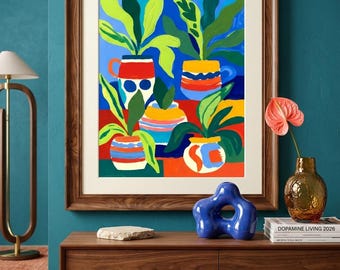 Printable Colorful Potted Plants Art Print Eclectic Maximalist Still Life Digital Download Dopamine Decor