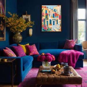 May include: A blue velvet sectional sofa with pink throw pillows and a pink throw blanket. The sofa is in a living room with a brown leather ottoman, a vase of pink flowers, and a painting of a colorful cityscape.