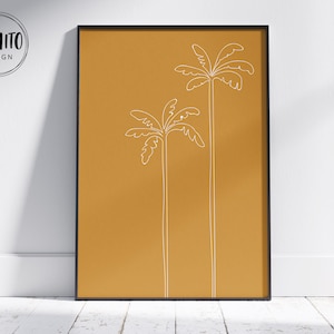 Palm Tree Line Art Printable, Mustard Boho Wall Decor, Beach line Drawing, Simple modern palm trees poster, tropical yellow print, palms art