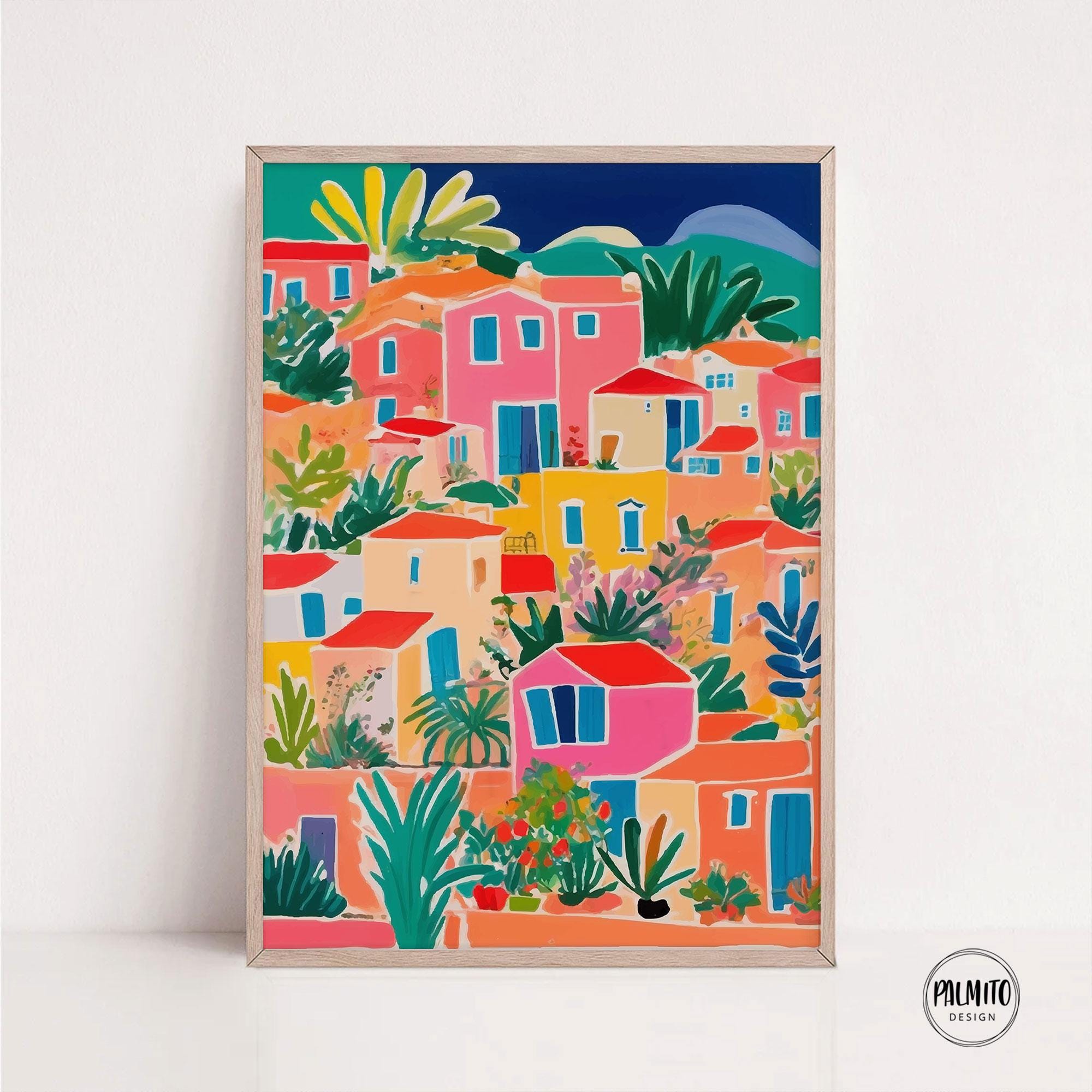 カラフルな村の風景画アートプリント：家と植物（デジタルダウンロード