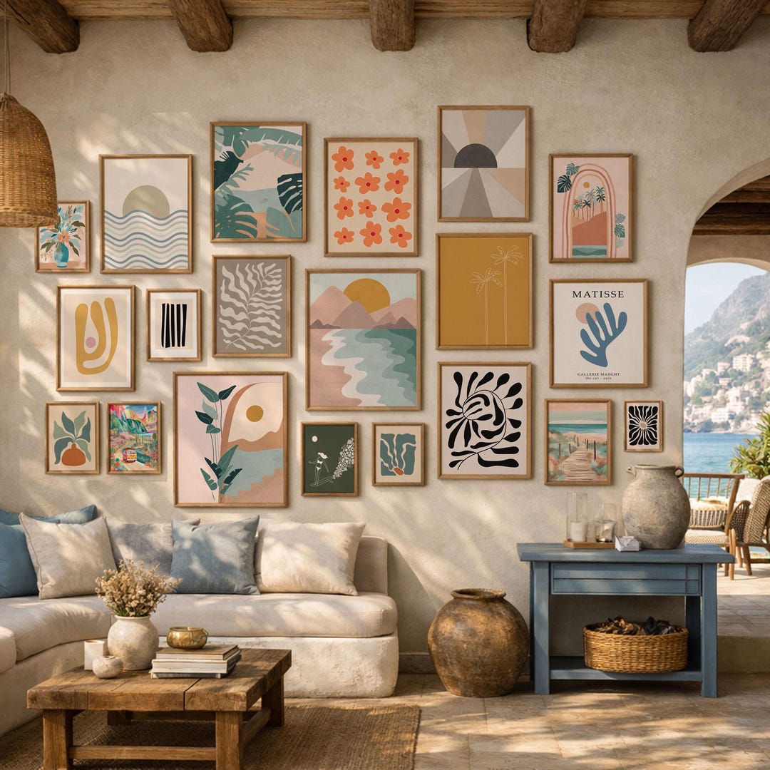 Eclectic Gallery Wall Art Set: Retro Floral & Beach Prints (digital ...