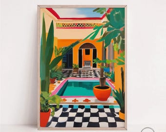 May include: A colorful illustration of a courtyard with a swimming pool, checkered floor, and lush greenery. The walls are yellow and the ceiling is red. The pool is turquoise blue with pink trim.