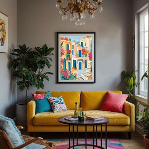 May include: A yellow velvet sofa with colorful pillows sits in a living room with a colorful rug, a coffee table, and a framed print of a colorful cityscape.
