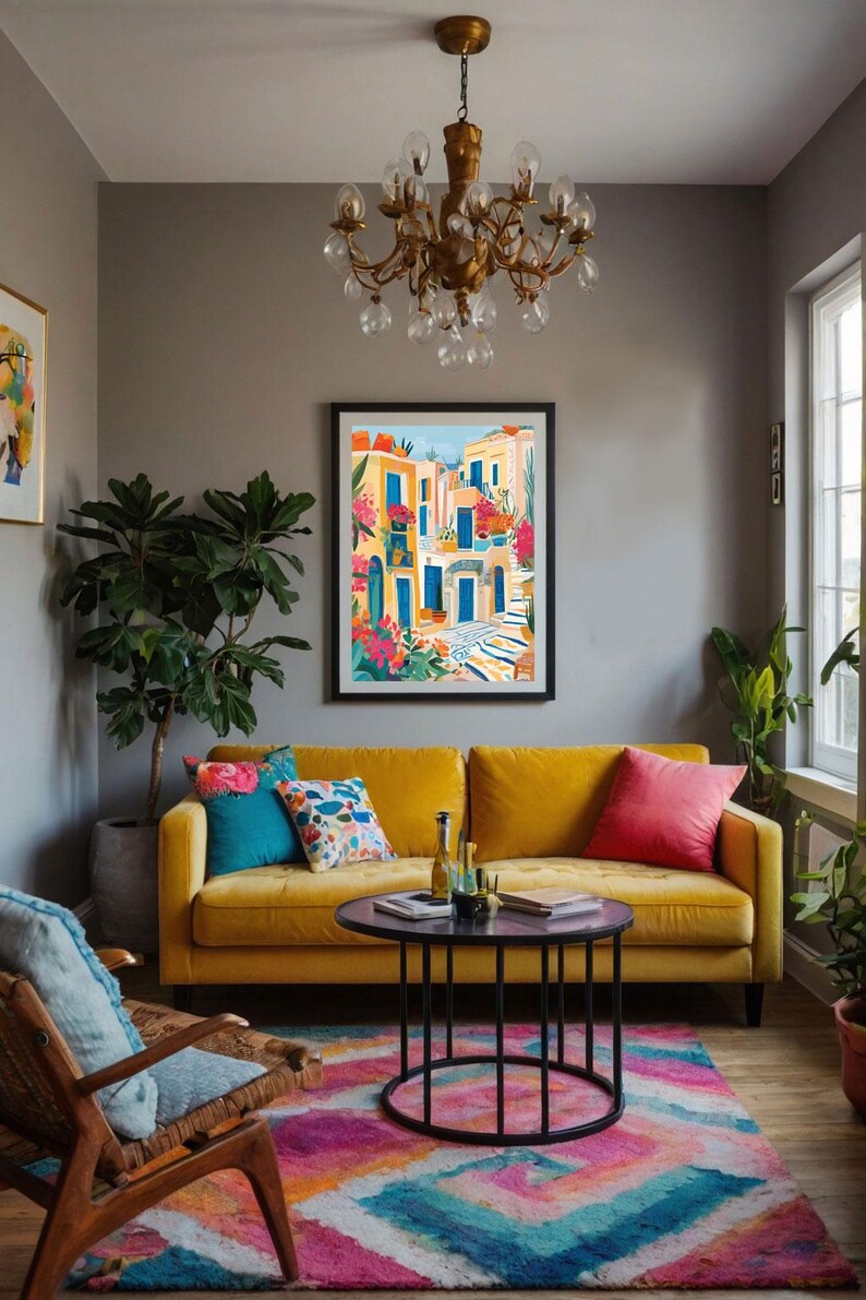 May include: A yellow velvet sofa with colorful pillows sits in a living room with a colorful rug, a coffee table, and a framed print of a colorful cityscape.