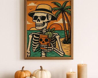 Skelett Cocktail Strand Print: Gruseliges tropisches Halloween Dekor (Digitaler Download