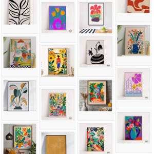 May include: Collection of framed art prints featuring colorful floral and botanical illustrations. The artwork includes images of flowers in vases, abstract plant designs, and scenes with people and plants. The prints are in various sizes and styles, suitable for home decor.