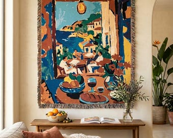 Mediterranean Woven Tapestry Blanket | Coastal Wall Art Throw | Impressionist Home Decor | Large Wall Hanging
