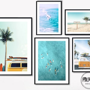 Beach themed decor, set of 5 surf posters, Surf nursery decor, Surfboard wall art, Colorful digital art, yellow vw van printable wall art