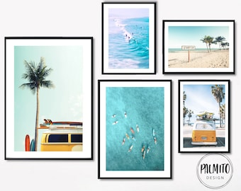 Surf Beach Poster Set: Retro VW Van, Coastal Wall Art (Digital Download)