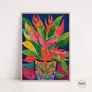 May include: A vibrant painting of a bouquet of red, pink, and yellow flowers in a blue and yellow patterned vase. The flowers are arranged in a vase on a pink surface against a dark blue background.