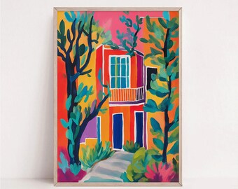 Impression d'art maison méditerranéenne : décoration tropicale colorée (téléchargement numérique