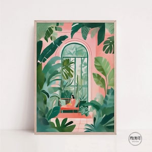 Digitaldruck, Entspanntes Mädchen in einem tropischen Garten, druckbare Wandkunst, botanische Illustration, fettgedruckter Druck, Blätterplakat, buntes Plakat