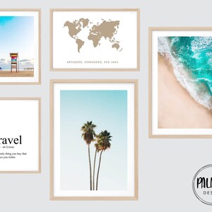Afdrukbare strandset van 5 prints, moderne minimalistische Gallery Wall, reisafdruk, wereldkaart kunst aan de muur, kustkunst set, luchtfoto strandfotografie